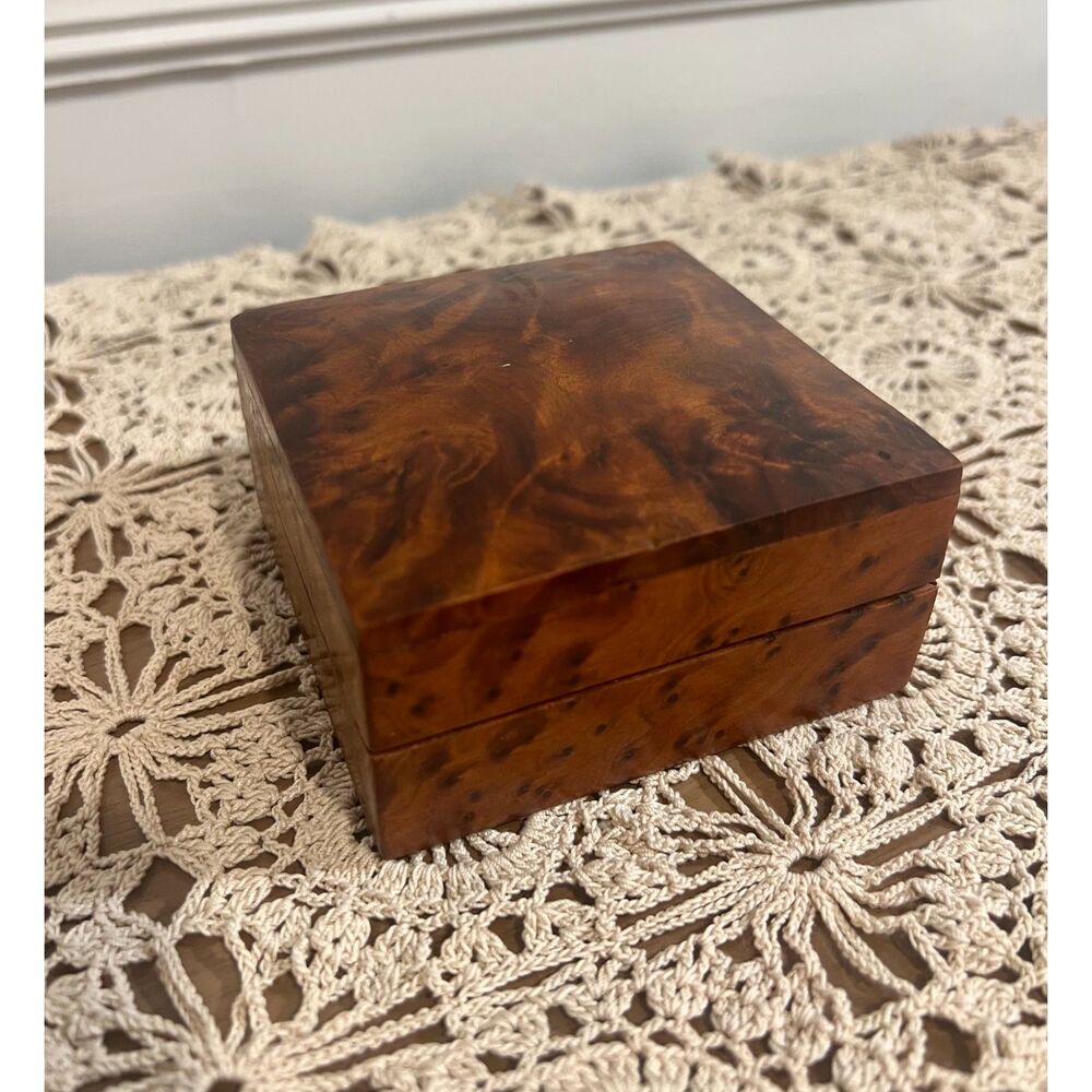 Burl Wood Hinged Trinket Box, Thuya-Style Square Keepsake Jewelry Box, 3.5"